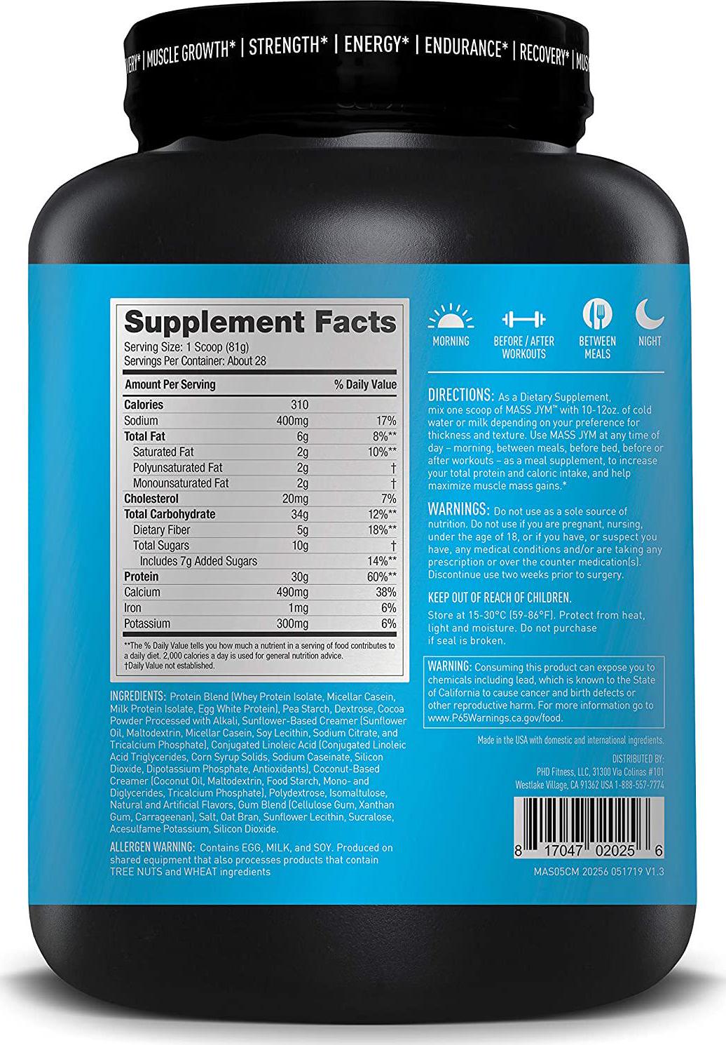 Mass JYM Weight Gainer Protein Powder - Egg White, Milk, Whey Protein Isolates and Micellar Casein | JYM Supplement Science | Chocolate Mousse Flavor, 5 lb,Brown,MAS05CM