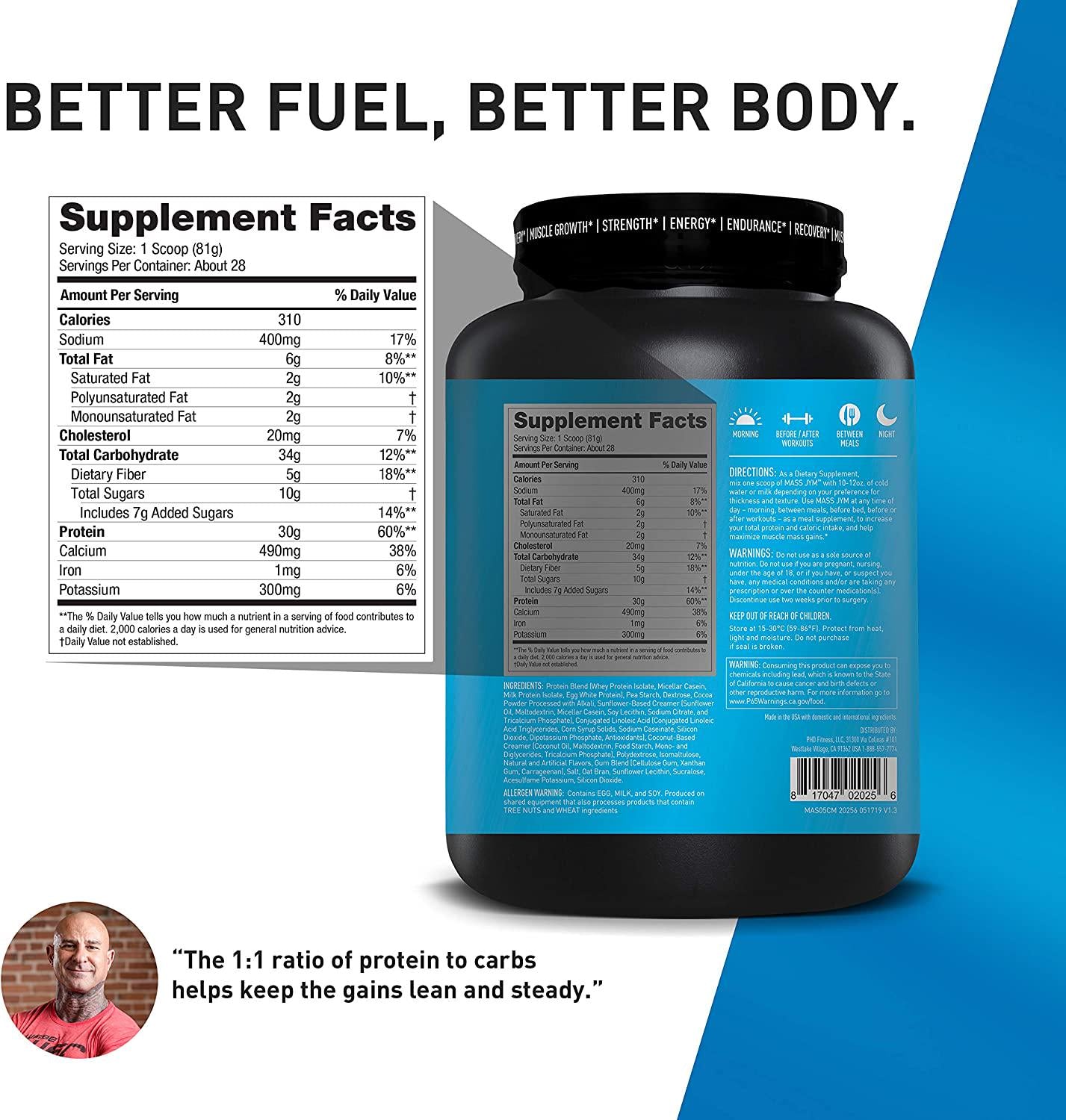 Mass JYM Weight Gainer Protein Powder - Egg White, Milk, Whey Protein Isolates and Micellar Casein | JYM Supplement Science | Chocolate Mousse Flavor, 5 lb,Brown,MAS05CM