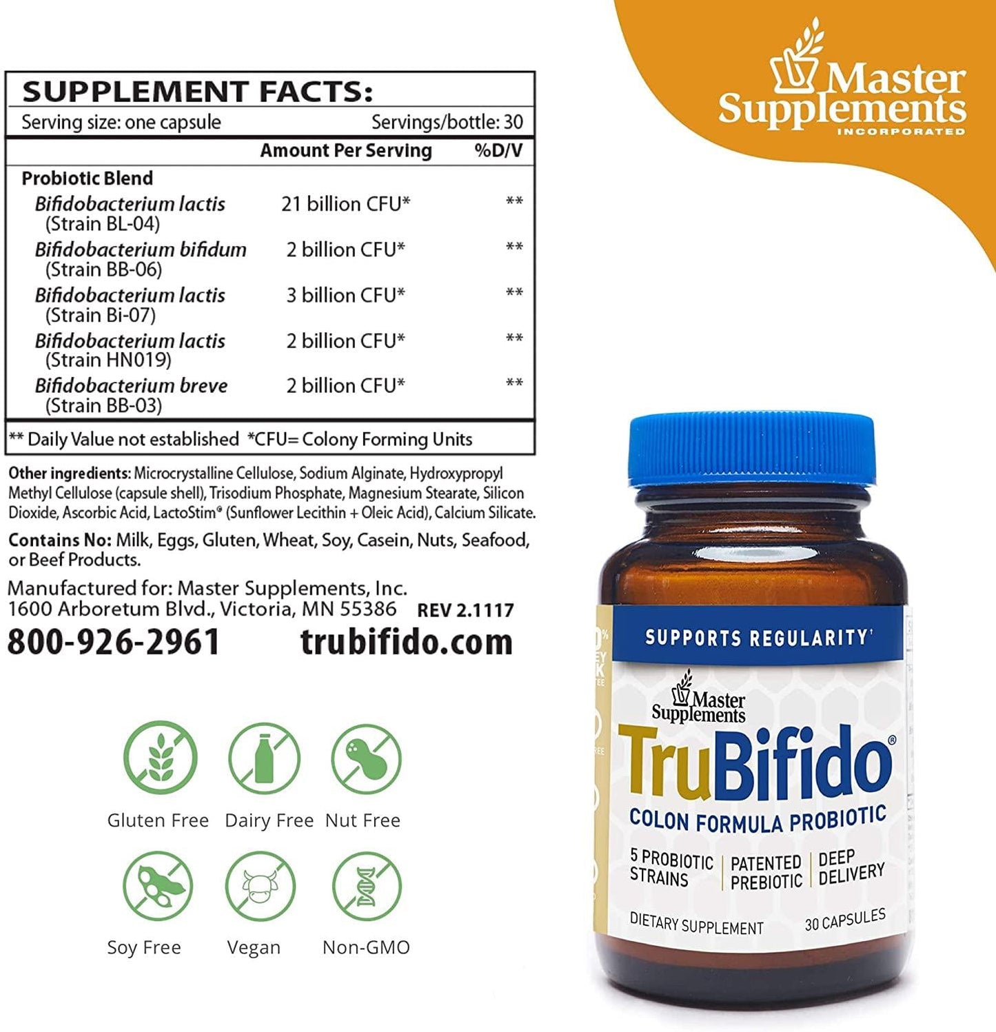 Master Supplements TruBifido - 30 Vegan Capsules - Powerful Probiotic for Colon Health, Energy and Immune Booster, Supports Regularity - Gluten Free - 30 Servings