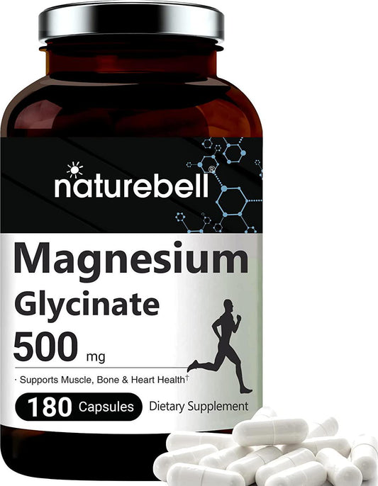 Maximum Strength Magnesium Glycinate 500mg, 180 Capsules, Supports Muscle, Bone, Joint, Heart Health, Enzyme Function, No GMOs, Made In USA