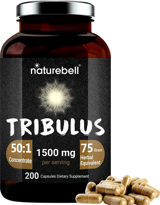 Maximum Strength Organic Tribulus Terrestris Extract 50:1 (Active 60% Saponins), 1500mg Per Serving, 200 Capsules, Testosterone Booster for Libido, Stamina and Energy, No GMOs.