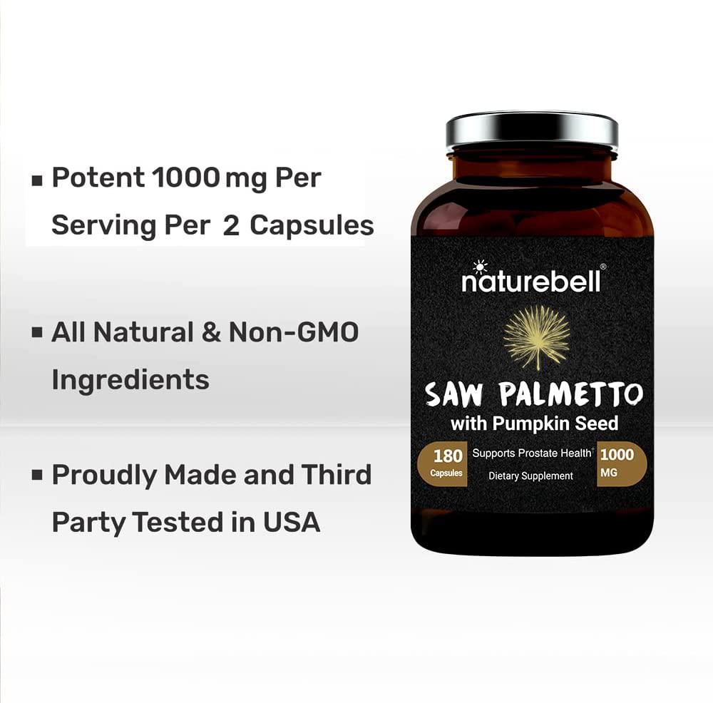 Maximum Strength Saw Palmetto Supplement, 1000mg Per Serving, 180 Capsules, Strongly Promotes Prostate Health and Urinary System, Non-GMO and Made in USA