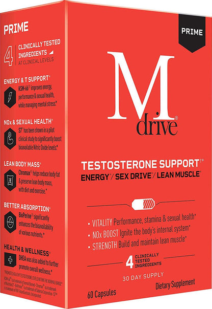 Mdrive Prime - Testosterone Support for Men, Max Energy, Stress Relief and Lean Muscle, KSM-66 Ashwagandha, S7 Nitric Oxide Booster, Bioperine and DHEA, 60 Capsules