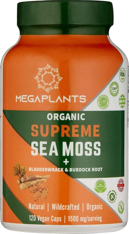 MegaPlants Supreme Sea Moss Bladderwrack Burdock Root | 120 Vegan Caps | 1500 MG/Serving | Certified Organic Ingredients | Wildcrafted | Non GMO | Essential Minerals | Energy + Immune Booster