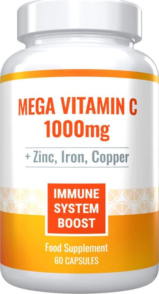 Mega Vitamin C 1000mg Plus Zinc, Iron and Copper. Powerful Immune System Boost. Sugar-Free, Gluten-Free. 60 Capsules - 1 Month Supply.