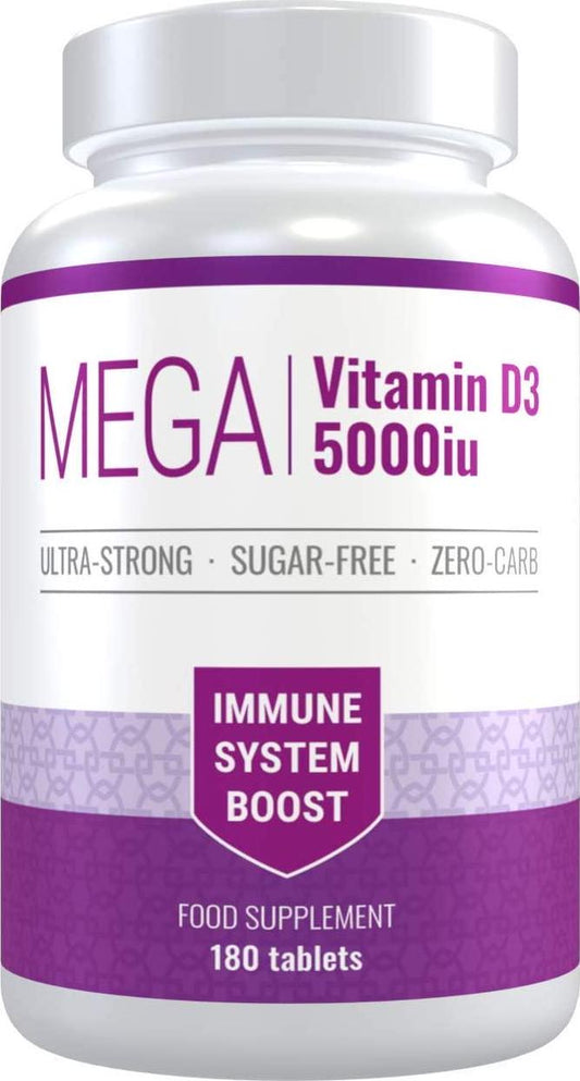 Mega Vitamin D3 5000iu - Super-Strong Immune System Boost. 180 Tablets, 6 Months Supply. Sugar-Free and Zero-Carb.
