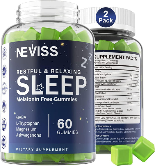 Melatonin Free Sleep Aid Gummies for Adults - GABA, L-Tryptophan, Magnesium, Ashwagandha - Non-Habit Forming, Help for Deep Relaxation - Vegan, Meyer Lemon Flavor, 2Pack
