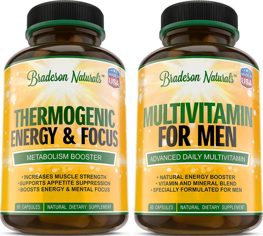 Men's Multivitamin + Thermogenic Energy and Focus, 2 Bottles Bundle. Improves Cardiovascular and Prostate Health. Antioxidant and Natural Energizer + 2 Months Supply Thermogenic with Green Tea Extract Raspb
