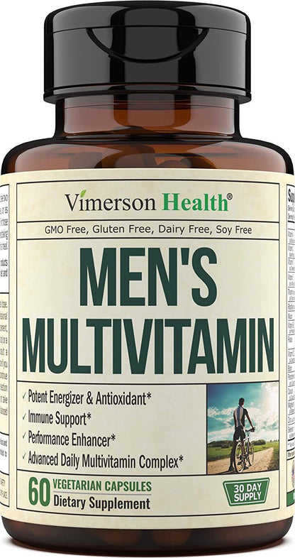 Men's Daily Multimineral Multivitamin Supplement. Vitamins A C E D B1 B2 B3 B5 B6 B12. Magnesium, Biotin, Spirulina, Zinc. Antioxidant Properties, Immune Health. 60 Capsules