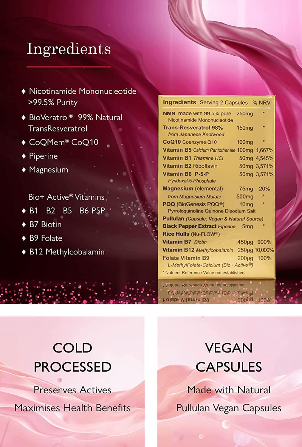 Meno + Energy Skin Nails Bones Hair Color and Thickness 90 caps NMN Resveratrol CoQ10 Magnesium Vitamins B1 B2 B5 B6 B7 B9 B12 Energise-1 (FE1 90)