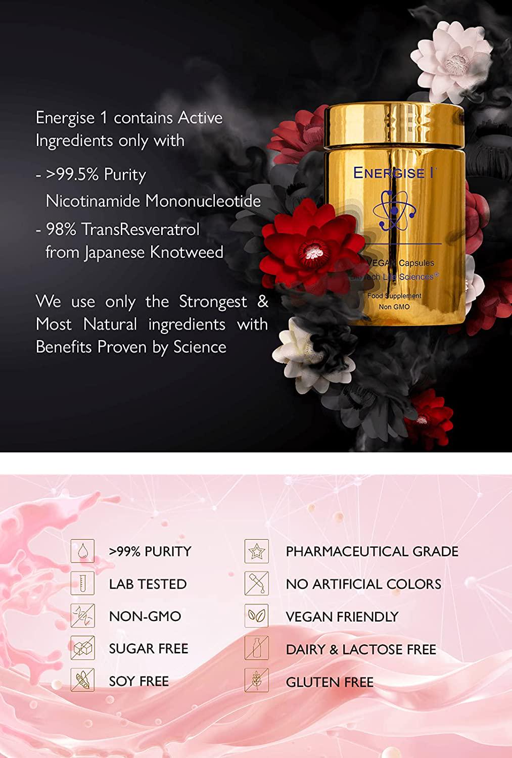 Meno + Energy Skin Nails Bones Hair Color and Thickness 90 caps NMN Resveratrol CoQ10 Magnesium Vitamins B1 B2 B5 B6 B7 B9 B12 Energise-1 (FE1 90)