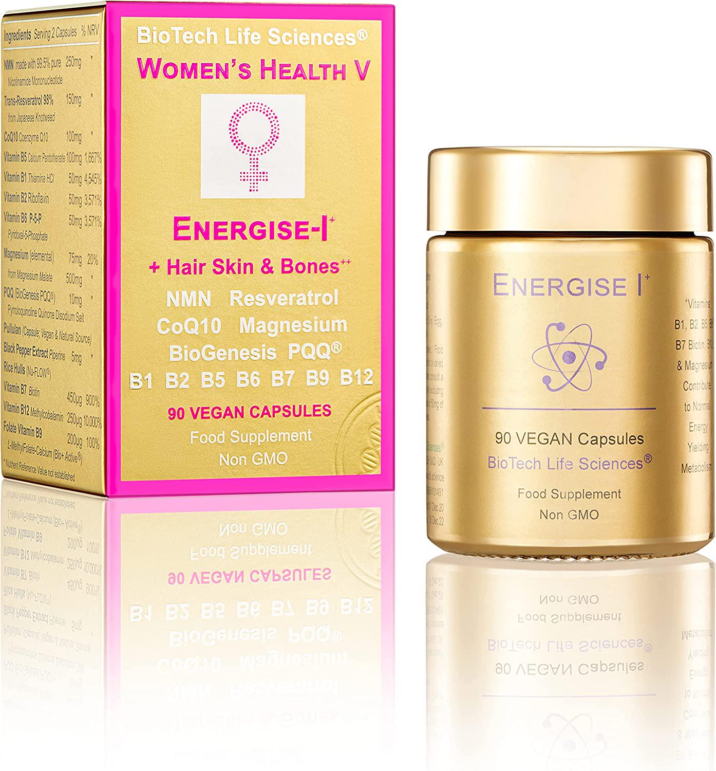 Meno + Energy Skin Nails Bones Hair Color and Thickness 90 caps NMN Resveratrol CoQ10 Magnesium Vitamins B1 B2 B5 B6 B7 B9 B12 Energise-1 (FE1 90)