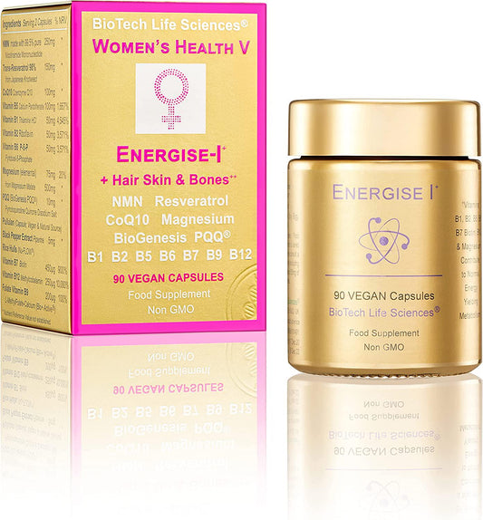 Meno + Energy Skin Nails Bones Hair Color and Thickness 90 caps NMN Resveratrol CoQ10 Magnesium Vitamins B1 B2 B5 B6 B7 B9 B12 Energise-1 (FE1 90)