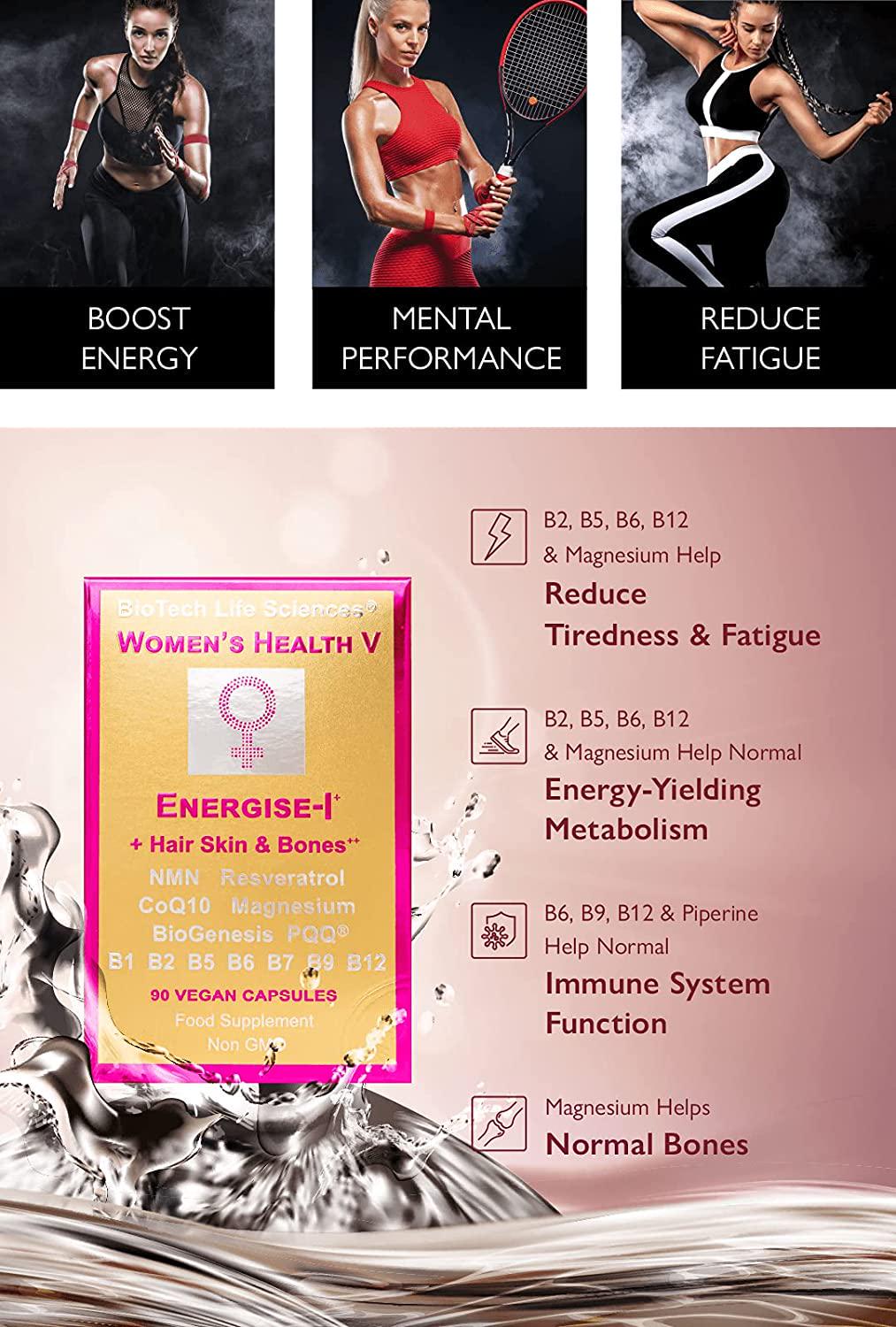 Meno + Energy Skin Nails Bones Hair Color and Thickness 90 caps NMN Resveratrol CoQ10 Magnesium Vitamins B1 B2 B5 B6 B7 B9 B12 Energise-1 (FE1 90)