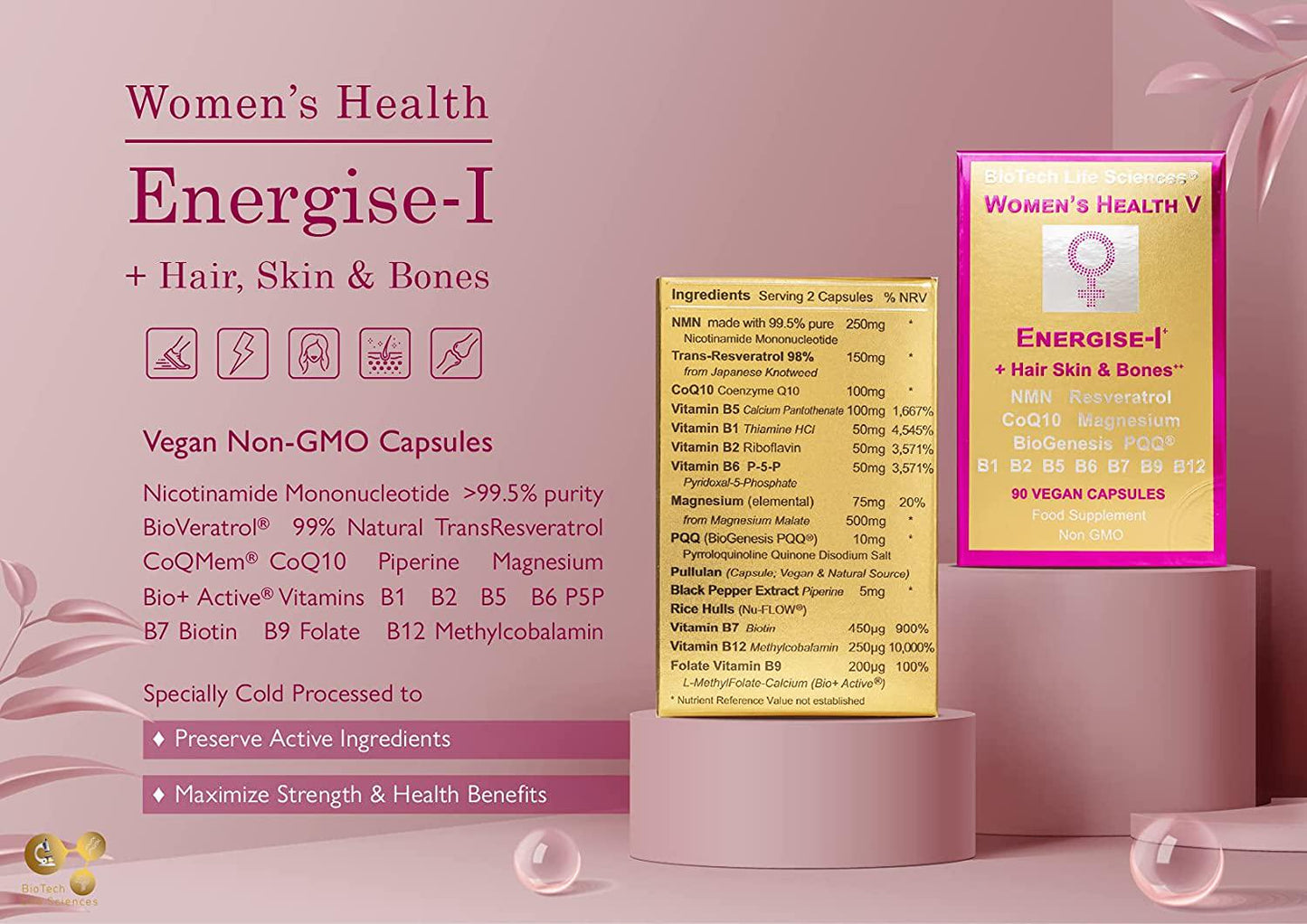 Meno + Energy Skin Nails Bones Hair Color and Thickness 90 caps NMN Resveratrol CoQ10 Magnesium Vitamins B1 B2 B5 B6 B7 B9 B12 Energise-1 (FE1 90)