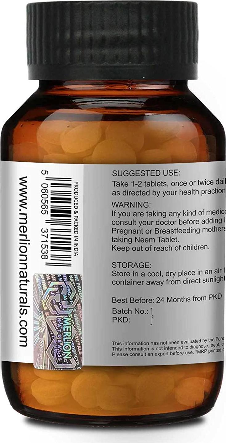 Merlion Naturals Neem Tablets Azardirachta indica, All Natural, Pure Herbs 500mg x 120 Tablets
