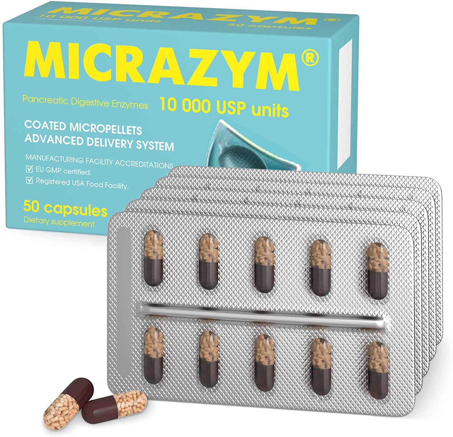 Micrazym Pancreatic Enzymes : 10,000 USP for Healthy Digestion. High Concentration Enteric Coated Digestive Enzymes - Pancreatin (Amylase, Lipase, Protease) - 50 Capsules