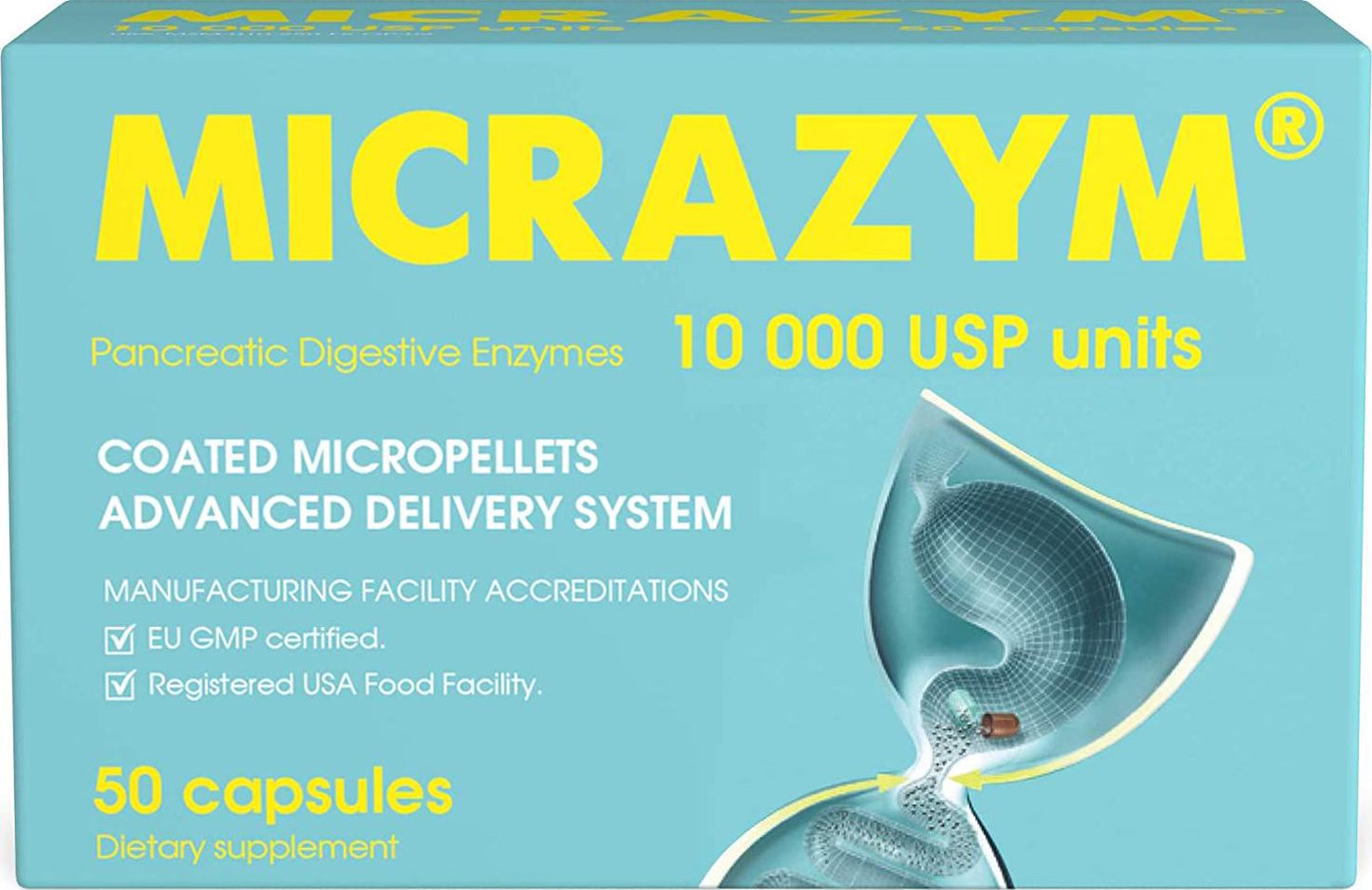 Micrazym Pancreatic Enzymes : 10,000 USP for Healthy Digestion. High Concentration Enteric Coated Digestive Enzymes - Pancreatin (Amylase, Lipase, Protease) - 50 Capsules