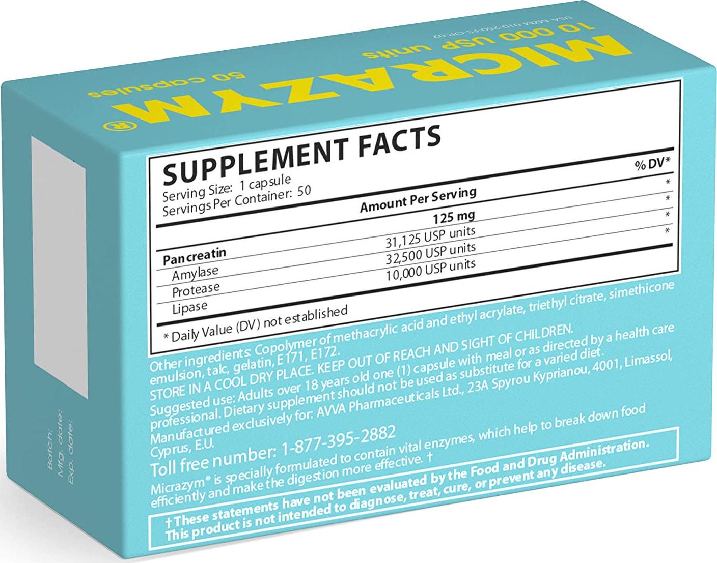 Micrazym Pancreatic Enzymes : 10,000 USP for Healthy Digestion. High Concentration Enteric Coated Digestive Enzymes - Pancreatin (Amylase, Lipase, Protease) - 50 Capsules