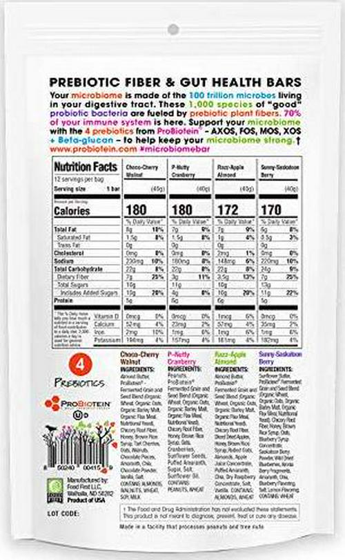 MicroBiome Bar, Prebiotic Fiber and Gut Health Bar, 1.4 oz, 12 Pack (Variety Pack of 4 Flavors)