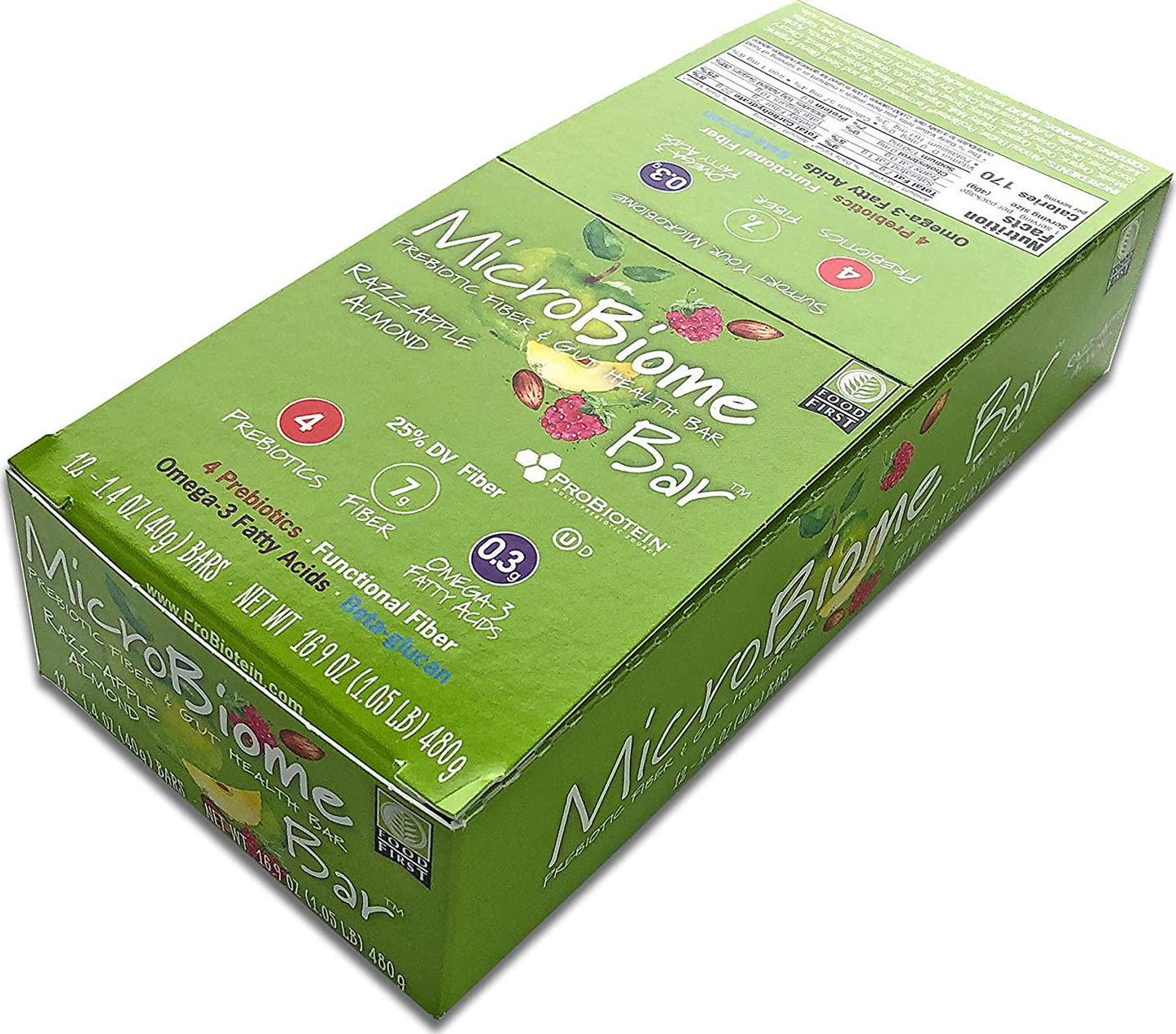 MicroBiome Bar, Prebiotic Fiber and Gut Health Bar, 1.4 oz, 12 Pack (Razz-Apple Almond)