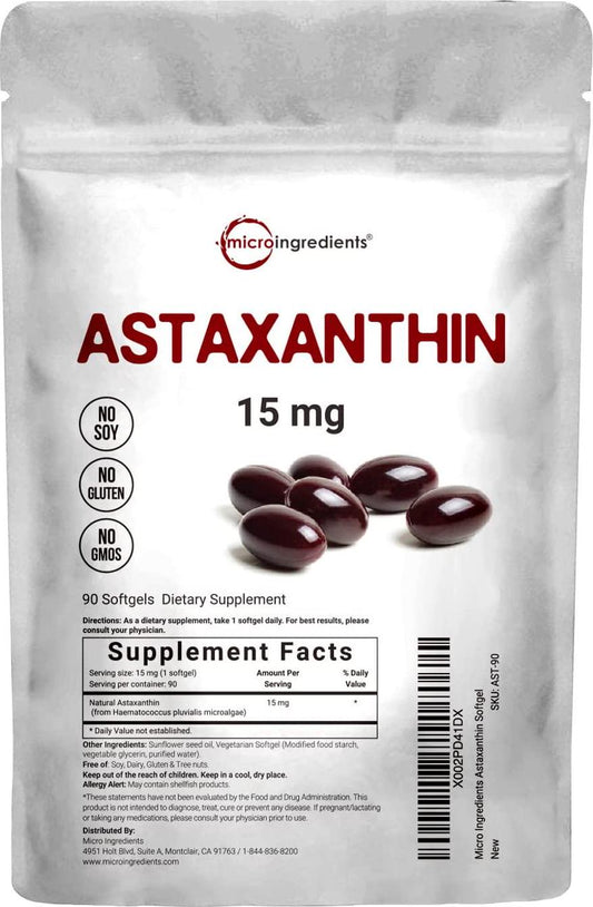 Micro Ingredients Astaxanthin 15mg, 90 Soft-gels, 3 Month Supply, Premium Astaxanthin Supplements, Supports Eye, Joint, Cardiovascular Health and Antioxidant