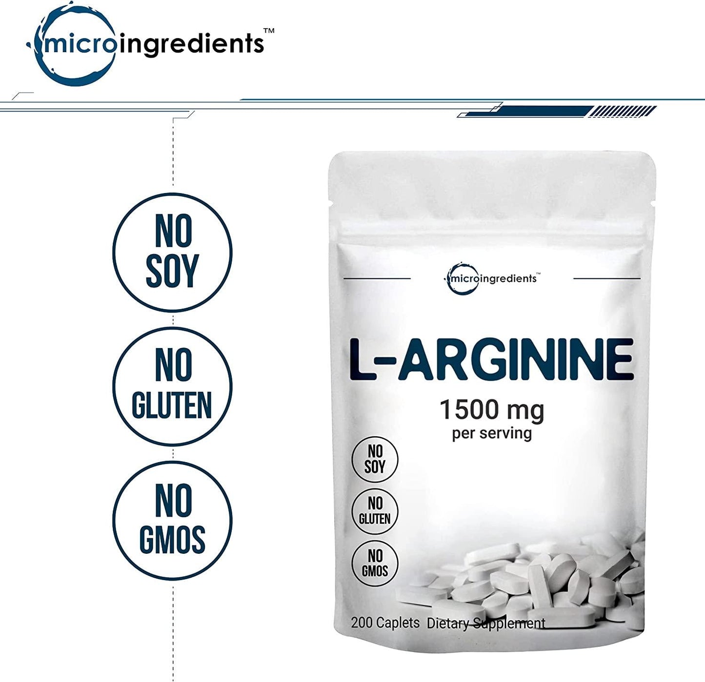 Micro Ingredients L Arginine Supplement, Arginine Caplet, 1500mg Per Serving, 200 Counts, Nitric Oxide Supplement for Muscle Growth, Vascularity and Energy, Non-GMO (No Flavor, 200 Count(Pack of 1))