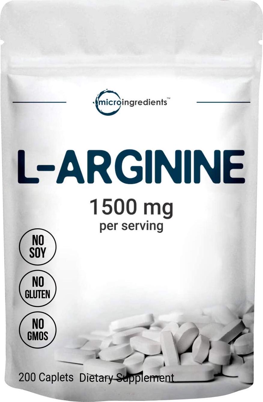 Micro Ingredients L Arginine Supplement, Arginine Caplet, 1500mg Per Serving, 200 Counts, Nitric Oxide Supplement for Muscle Growth, Vascularity and Energy, Non-GMO (No Flavor, 200 Count(Pack of 1))