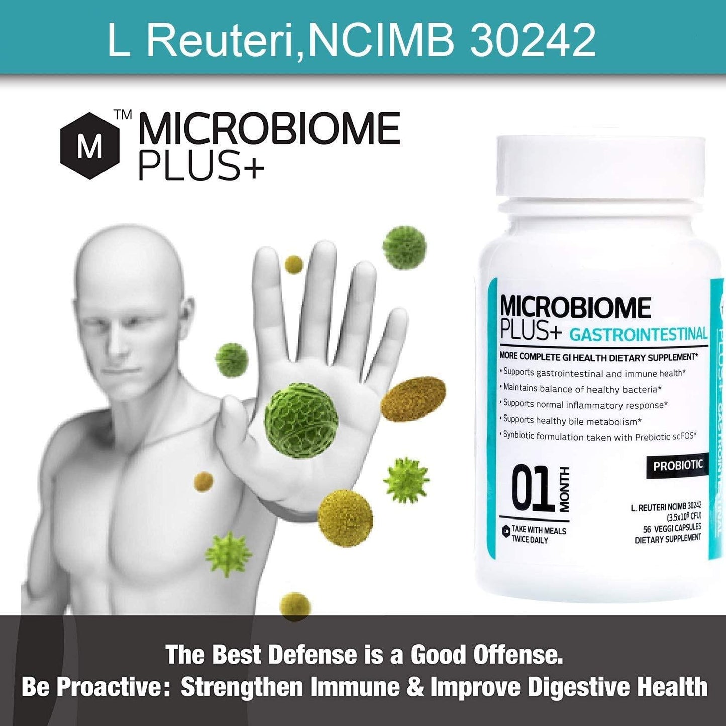 Microbiome Plus Gastrointestinal Probiotics L Reuteri NCIMB 30242 GI Digestive Supplements, Allergy Safe and Gluten Free for Men and Women (1 Month Supply) …
