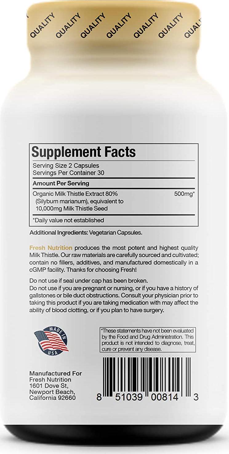 Milk Thistle Capsules - Strongest Available 10,000mg 80% Silymarin - Organic Liver Cleanse and Detox Support Supplement - Extract Powder in Capsule Pill Form - Made in The USA