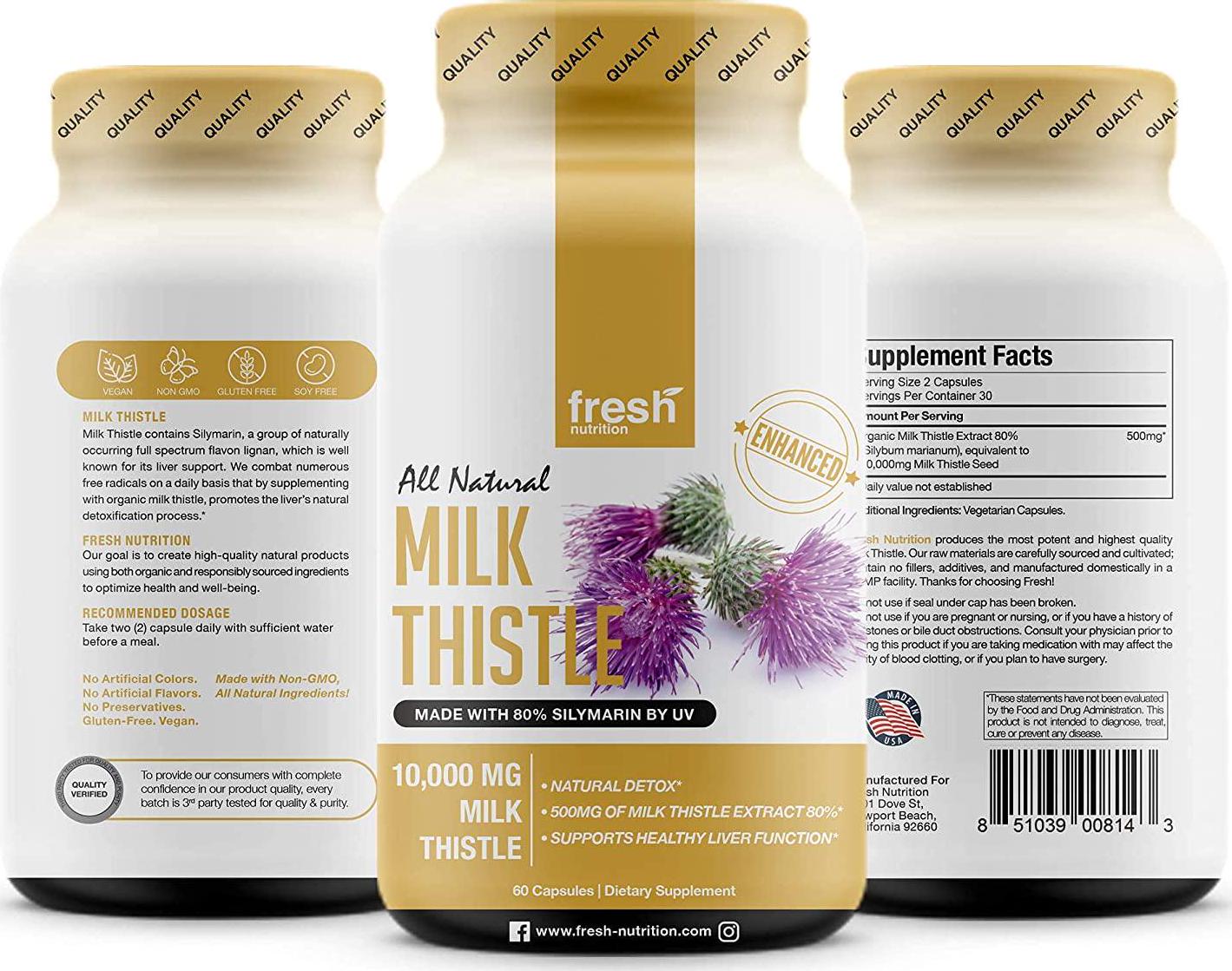 Milk Thistle Capsules - Strongest Available 10,000mg 80% Silymarin - Organic Liver Cleanse and Detox Support Supplement - Extract Powder in Capsule Pill Form - Made in The USA