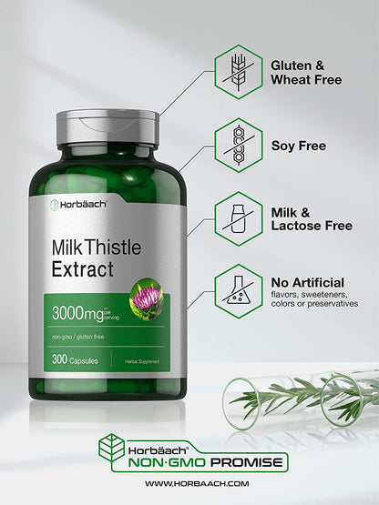 Milk Thistle Extract | 3000mg | 300 Capsules | Non-GMO, Gluten Free Supplement | by Horbaach