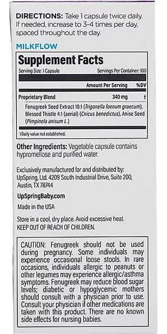 Milkflow Fenugreek Lactation Supplement Capsules with Blessed Thistle for Breastfeeding by UpSpring Baby, 100 Count Pills for Breastmilk Supply, 1800 mg