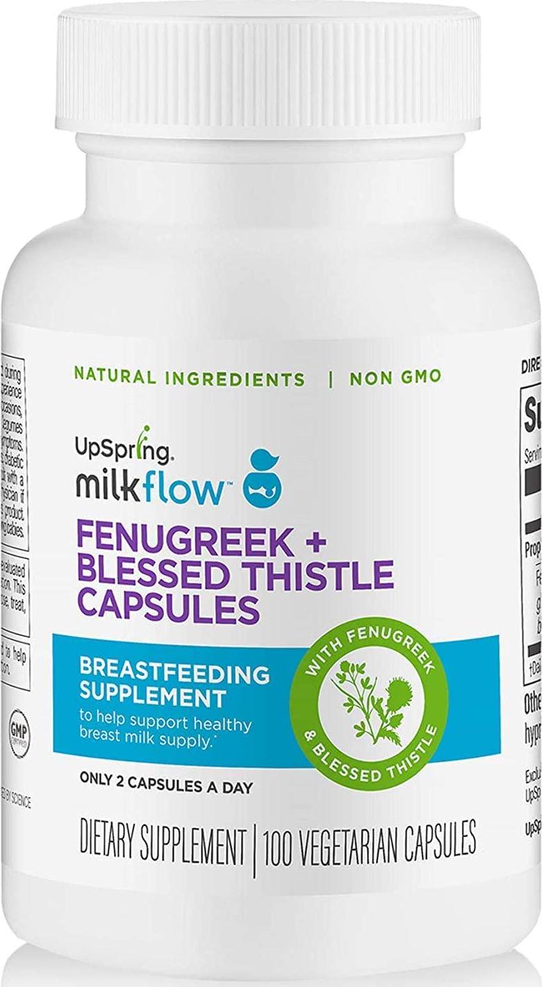 Milkflow Fenugreek Lactation Supplement Capsules with Blessed Thistle for Breastfeeding by UpSpring Baby, 100 Count Pills for Breastmilk Supply, 1800 mg