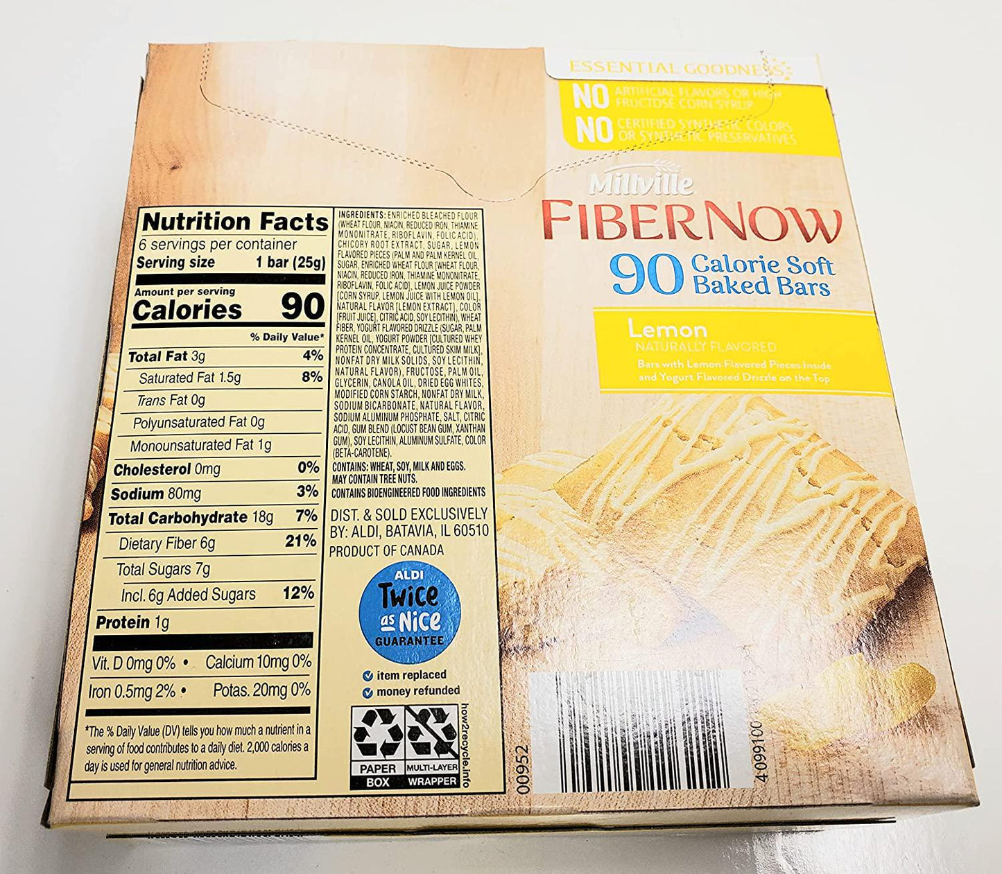 Millville Fiber Now 90 Calorie Fiber Lemon Bar with Lemon Pieces and Drizzle - 12 ct.