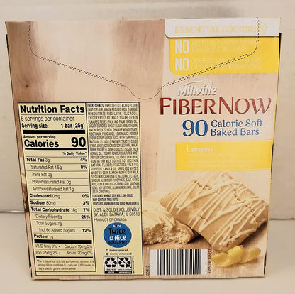 Millville Fiber Now 90 Calorie Fiber Lemon Bar with Lemon Pieces and Drizzle - 12 ct.