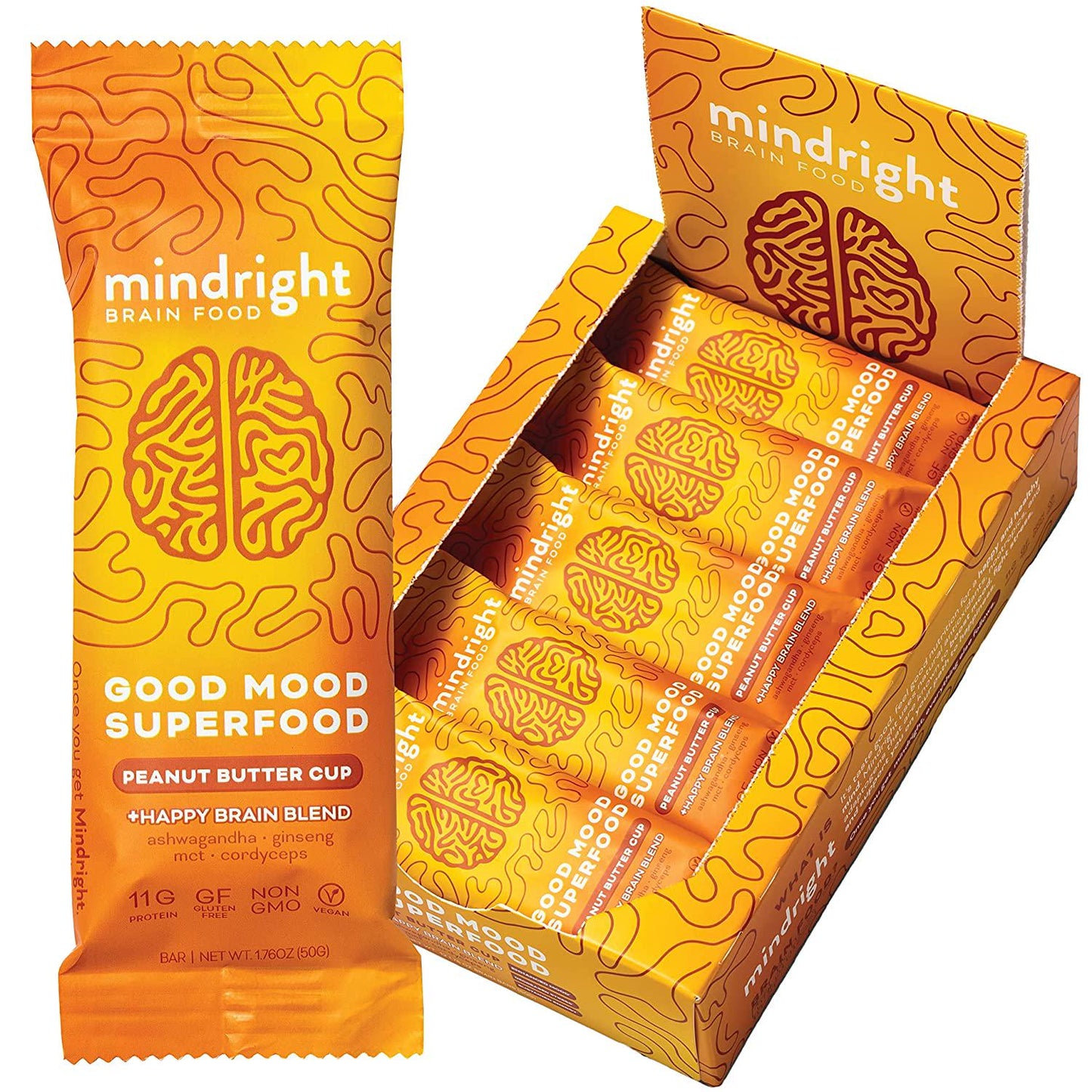 Mindright Superfood Vegan Protein Bar | Gluten Free, Non-Gmo, Low Sugar | Brain Food Snack to Enhance Mood, Energy, and Focus | Peanut Butter Cup | Pack of 12