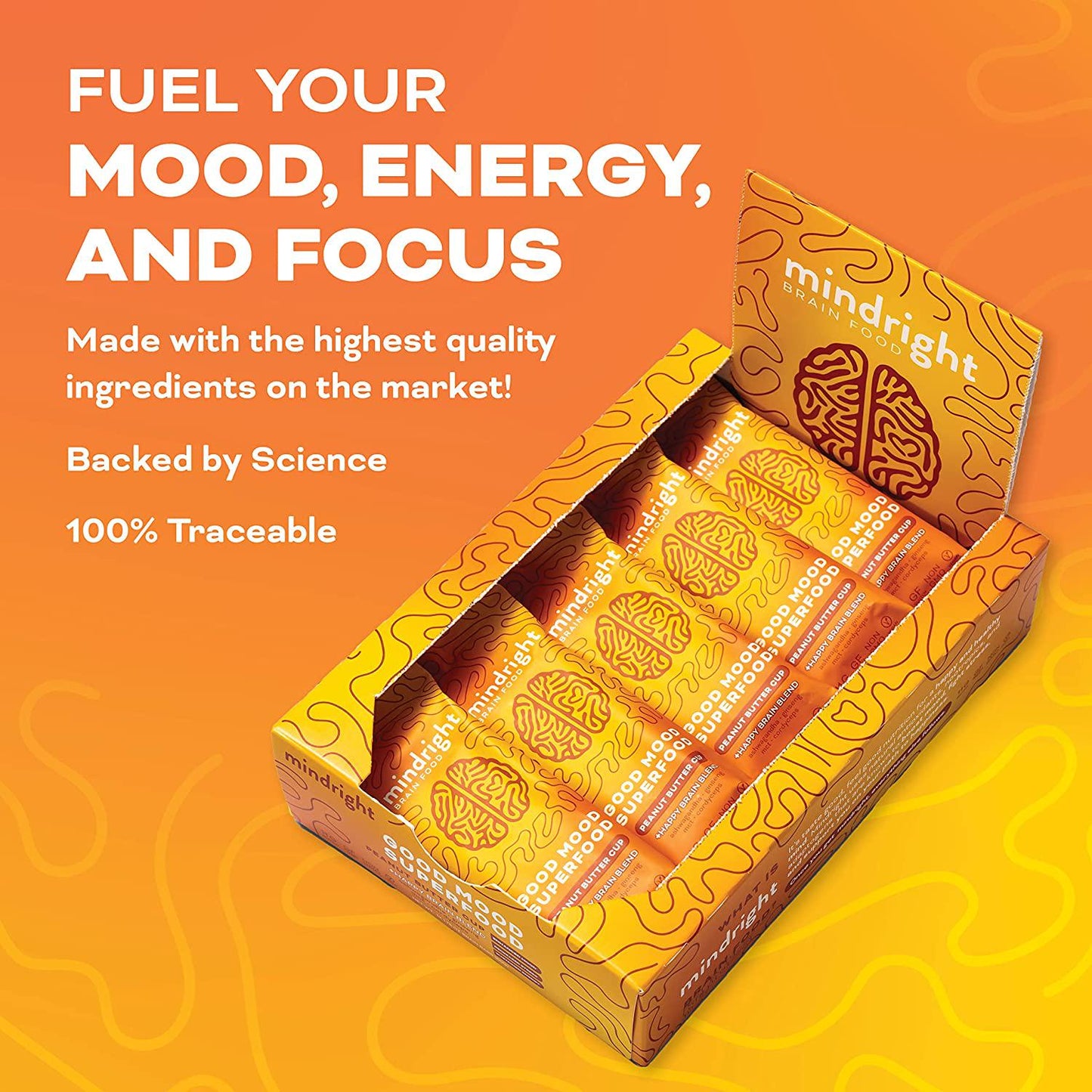 Mindright Superfood Vegan Protein Bar | Gluten Free, Non-Gmo, Low Sugar | Brain Food Snack to Enhance Mood, Energy, and Focus | Peanut Butter Cup | Pack of 12