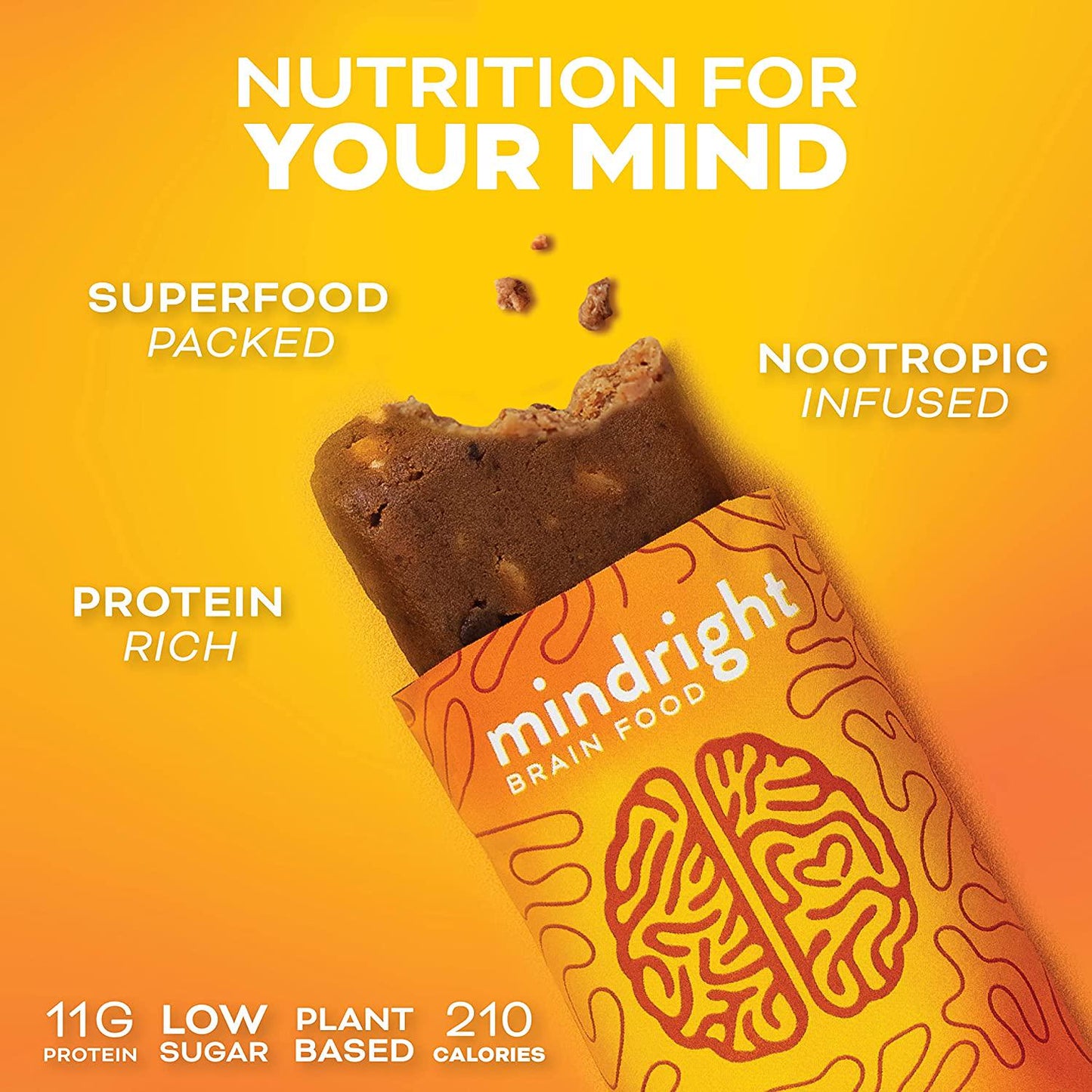 Mindright Superfood Vegan Protein Bar | Gluten Free, Non-Gmo, Low Sugar | Brain Food Snack to Enhance Mood, Energy, and Focus | Peanut Butter Cup | Pack of 12