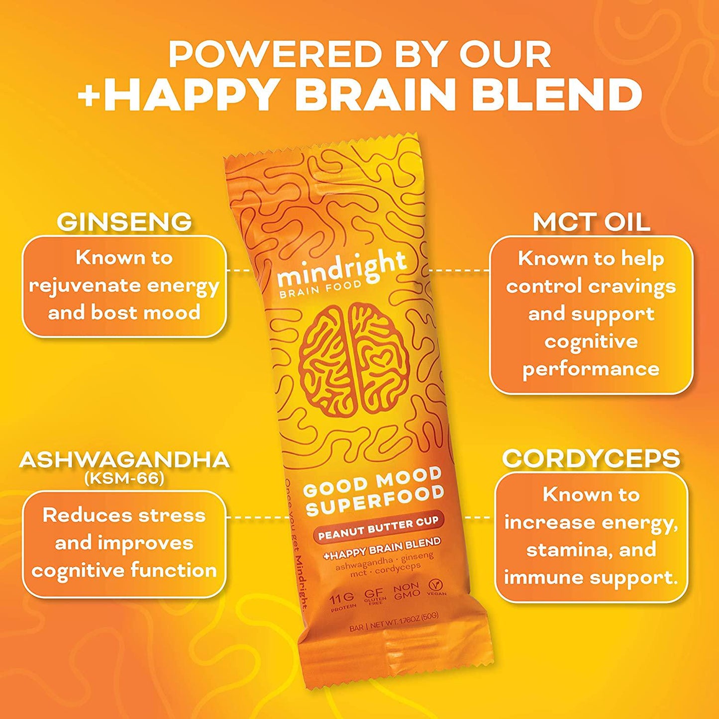 Mindright Superfood Vegan Protein Bar | Gluten Free, Non-Gmo, Low Sugar | Brain Food Snack to Enhance Mood, Energy, and Focus | Peanut Butter Cup | Pack of 12