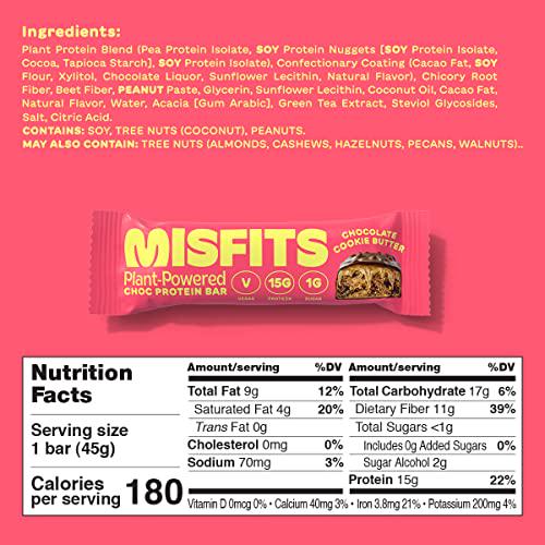 Misfits Vegan Protein Bar, Cookie Butter, Plant Based Chocolate Protein Bar, High Protein, Low Sugar, Low Carb, Gluten Free, Dairy Free, Non GMO, 12 Pack