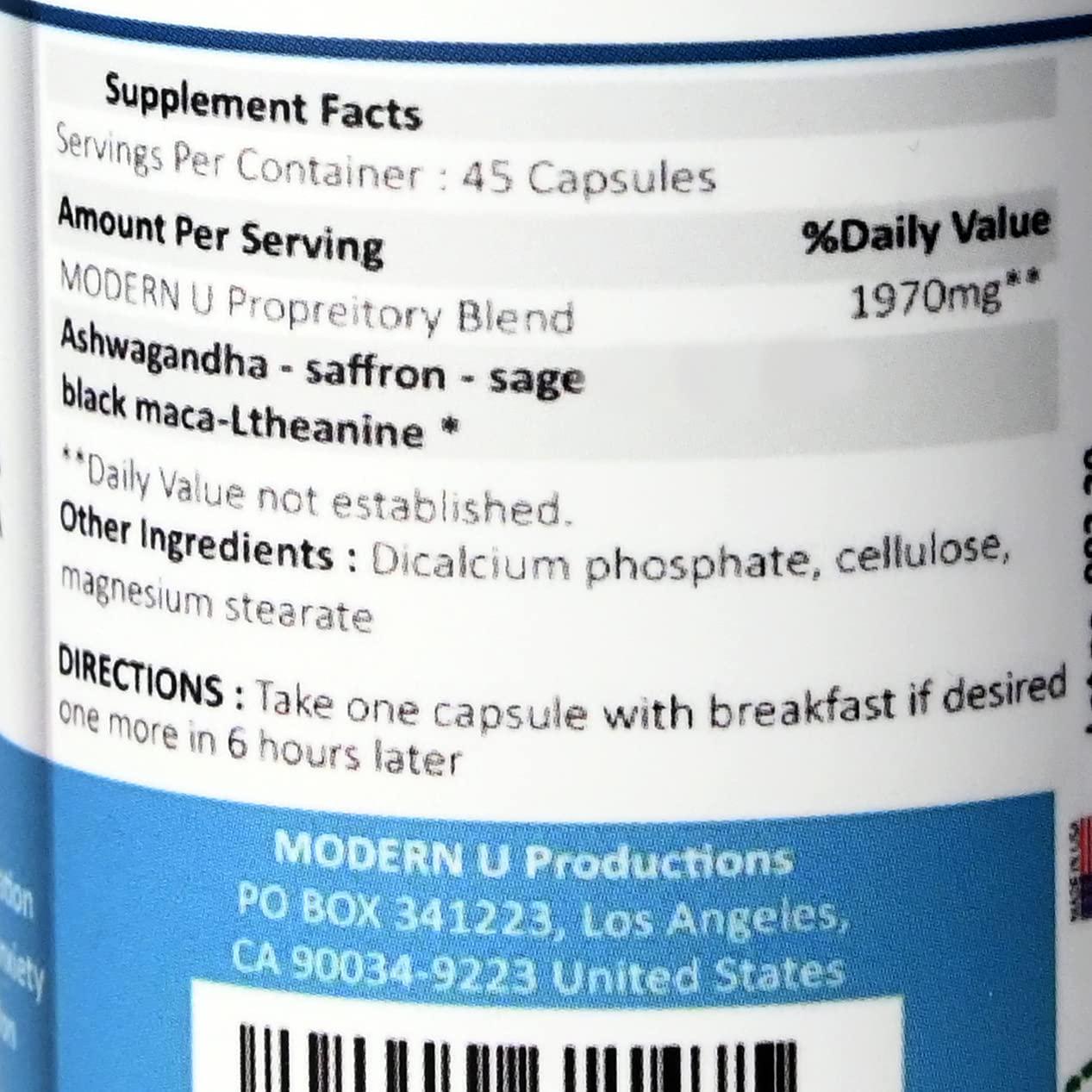 ModernU Nootropic and Calm | Focus | Concentration | Memory and Clarity | Men and Women | with Appetite Control Support | 1 Capsule Daily