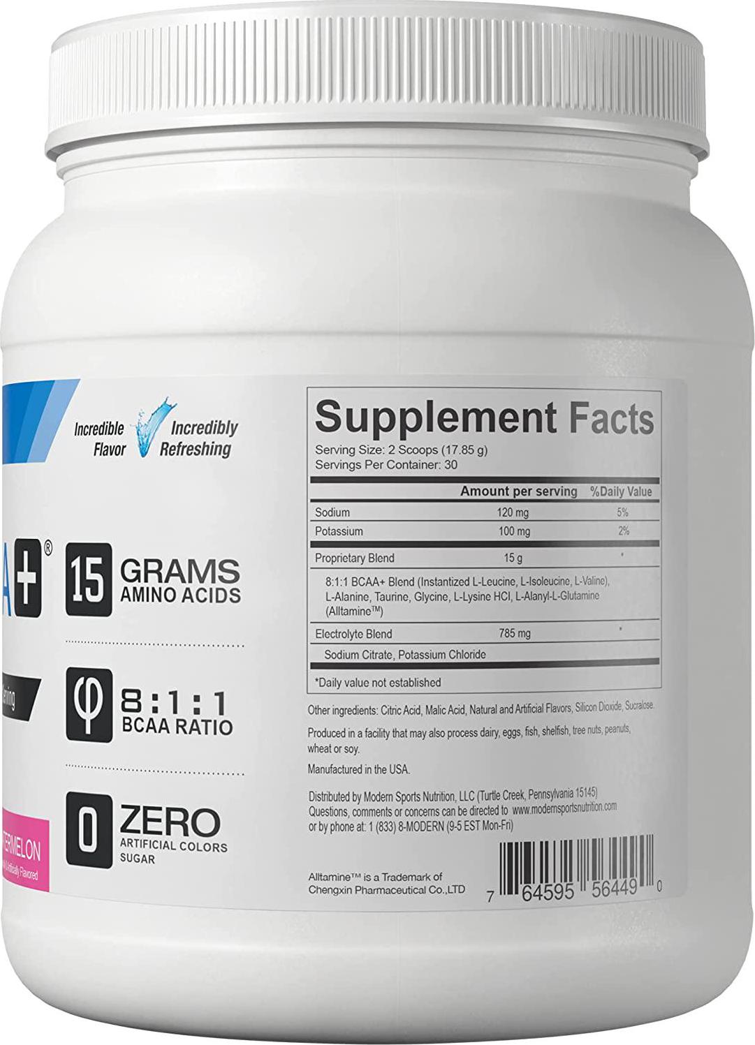 Modern BCAA+ Original Branched Chain Amino Acid Powder Watermelon | Sugar Free Post Workout Muscle Recovery and Hydration Drink with 15g Amino Acids and 8:1:1 BCAA Ratio for Men and Women | 30 Servings
