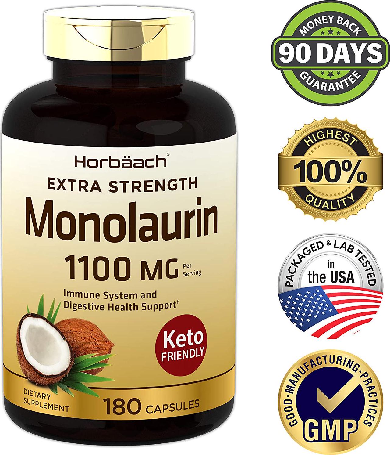 Monolaurin Capsules 1100mg | 180 Count | Extra Strength | Keto Friendly | Non-GMO and Gluten Free Supplement | by Horbaach