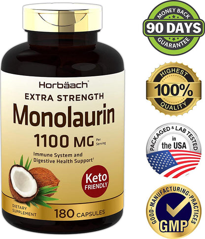 Monolaurin Capsules 1100mg | 180 Count | Extra Strength | Keto Friendly | Non-GMO and Gluten Free Supplement | by Horbaach