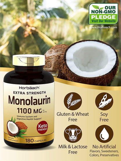 Monolaurin Capsules 1100mg | 180 Count | Extra Strength | Keto Friendly | Non-GMO and Gluten Free Supplement | by Horbaach