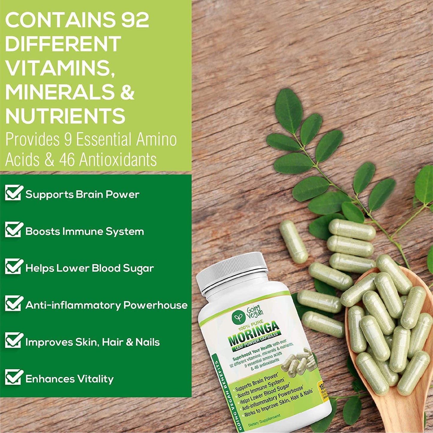 Moringa Capsules Organic Oleifera Leaf, 180 Vegan Powder Pills, 1200mg Per Serving, Anti-inflammatory Supplement, Immune System, Metabolism, Energy and Brain Booster, Non GMO