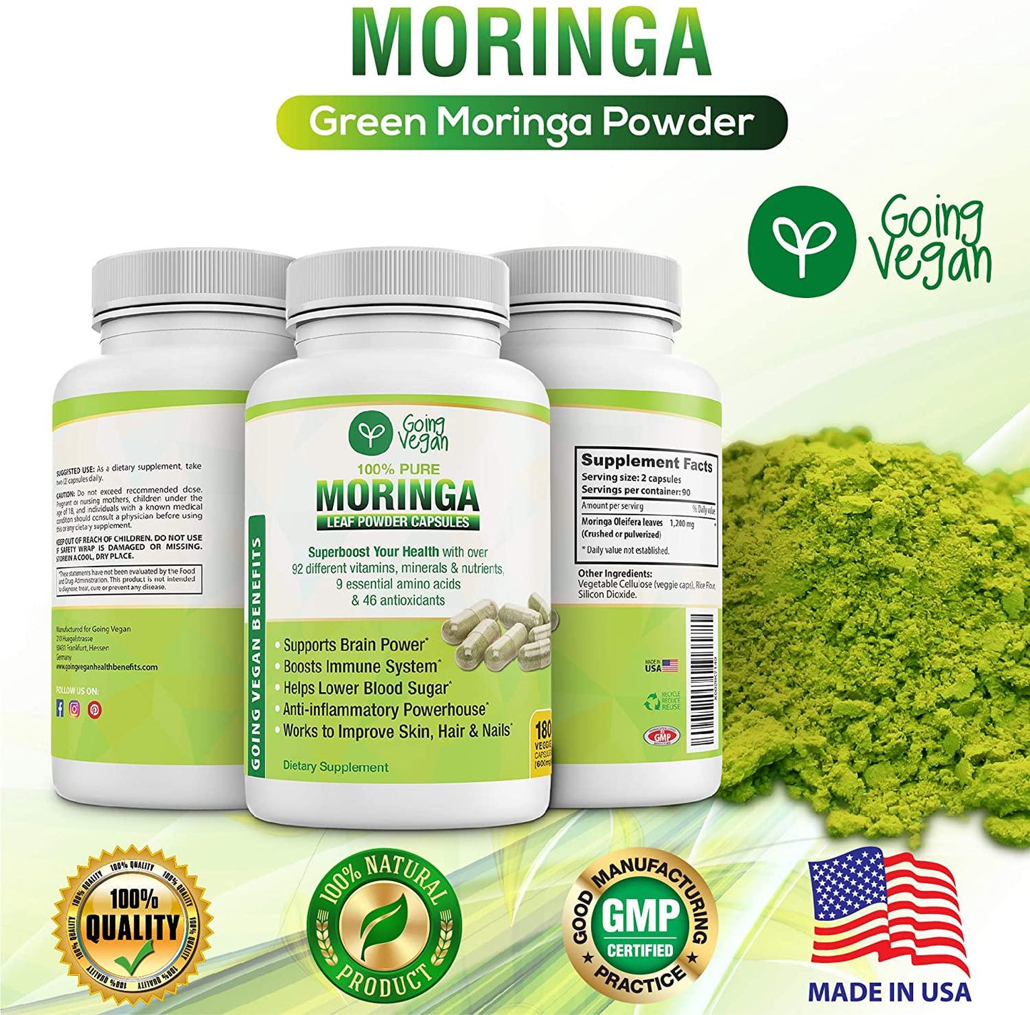 Moringa Capsules Organic Oleifera Leaf, 180 Vegan Powder Pills, 1200mg Per Serving, Anti-inflammatory Supplement, Immune System, Metabolism, Energy and Brain Booster, Non GMO