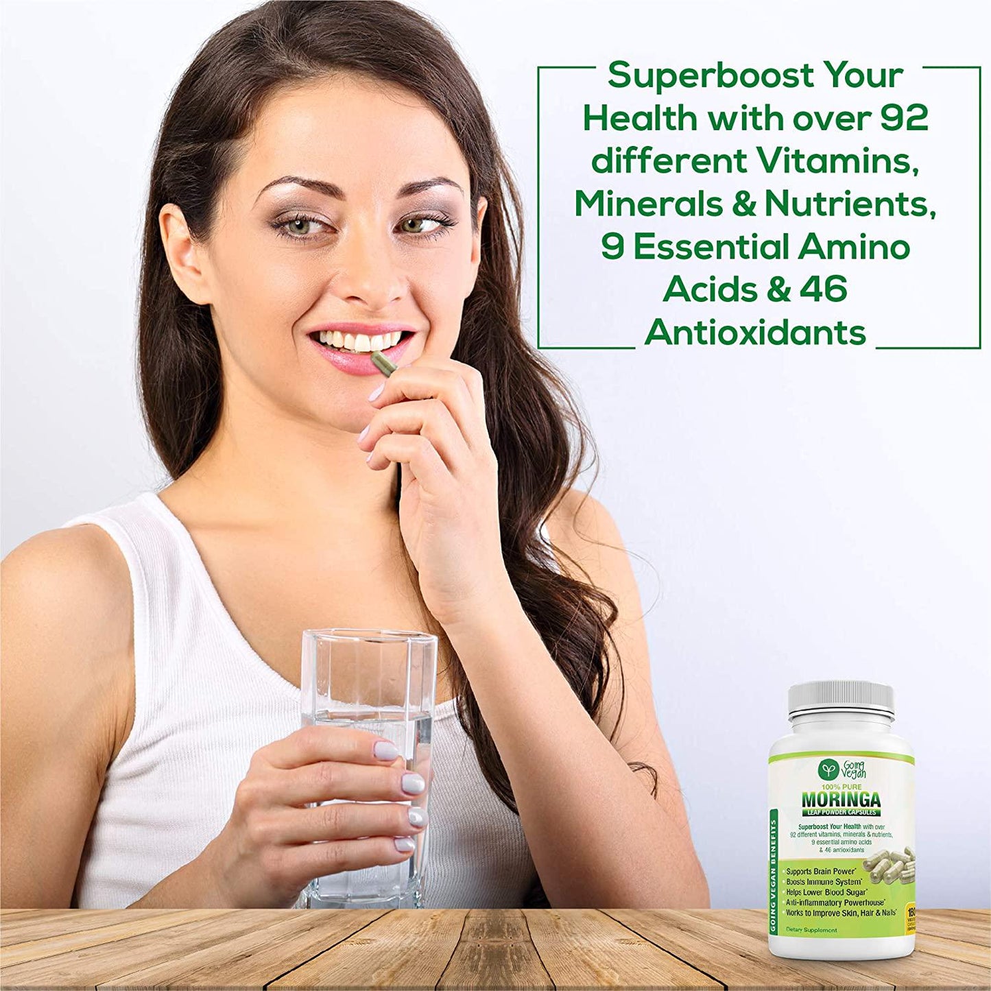 Moringa Capsules Organic Oleifera Leaf, 180 Vegan Powder Pills, 1200mg Per Serving, Anti-inflammatory Supplement, Immune System, Metabolism, Energy and Brain Booster, Non GMO