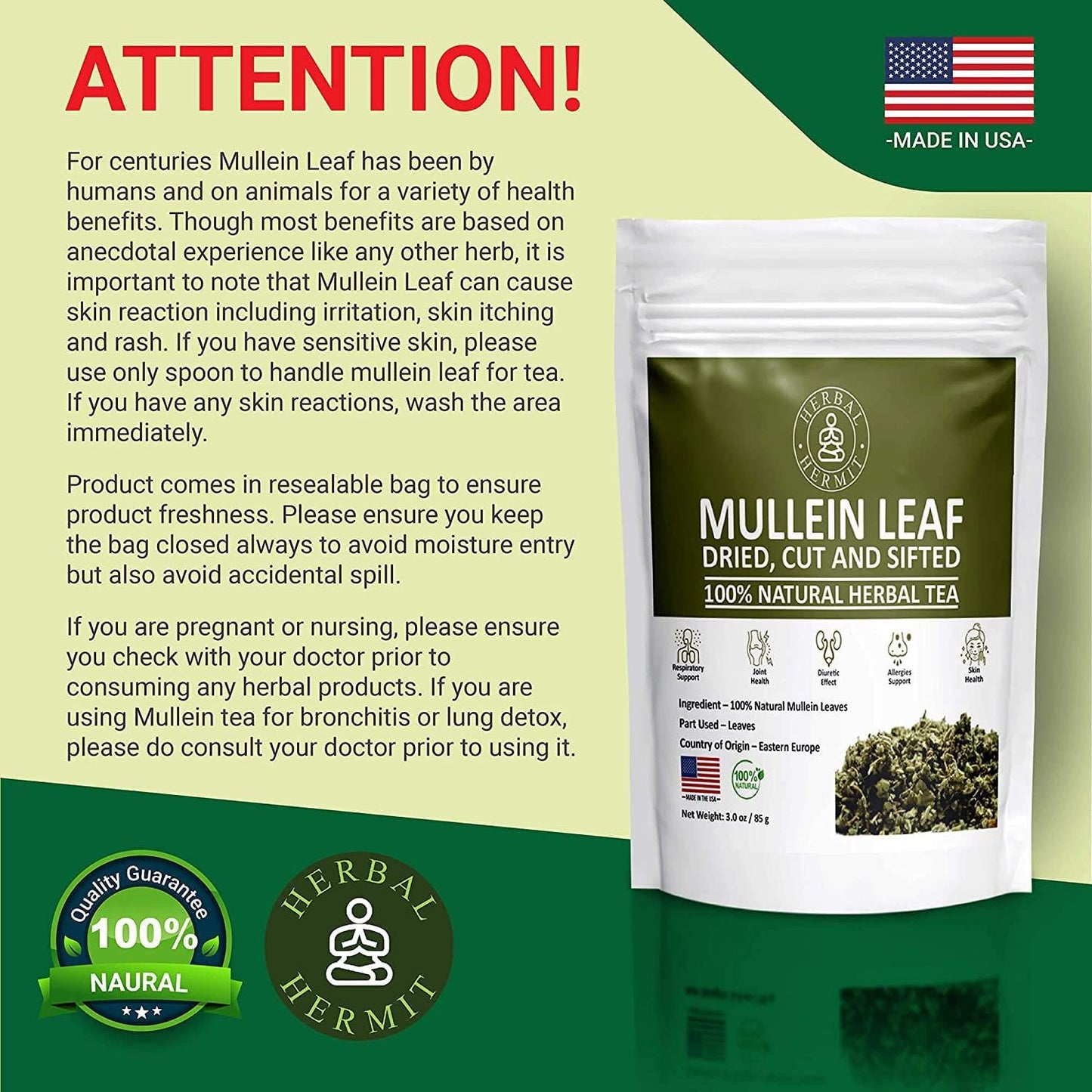 Mullein Leaf Tea, Herb for Respiratory Support, Mucous Membranes, Lung Cleanse| Dried Leaves Blend, Cut and Sifted| 3oz (85 grams)| Made in USA
